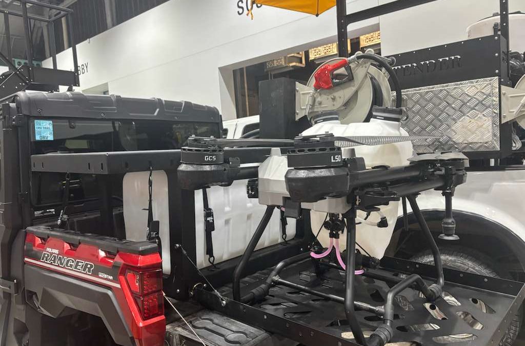 Teeny Tiny Tender XL drone spray tender installed in a compact pickup truck bed