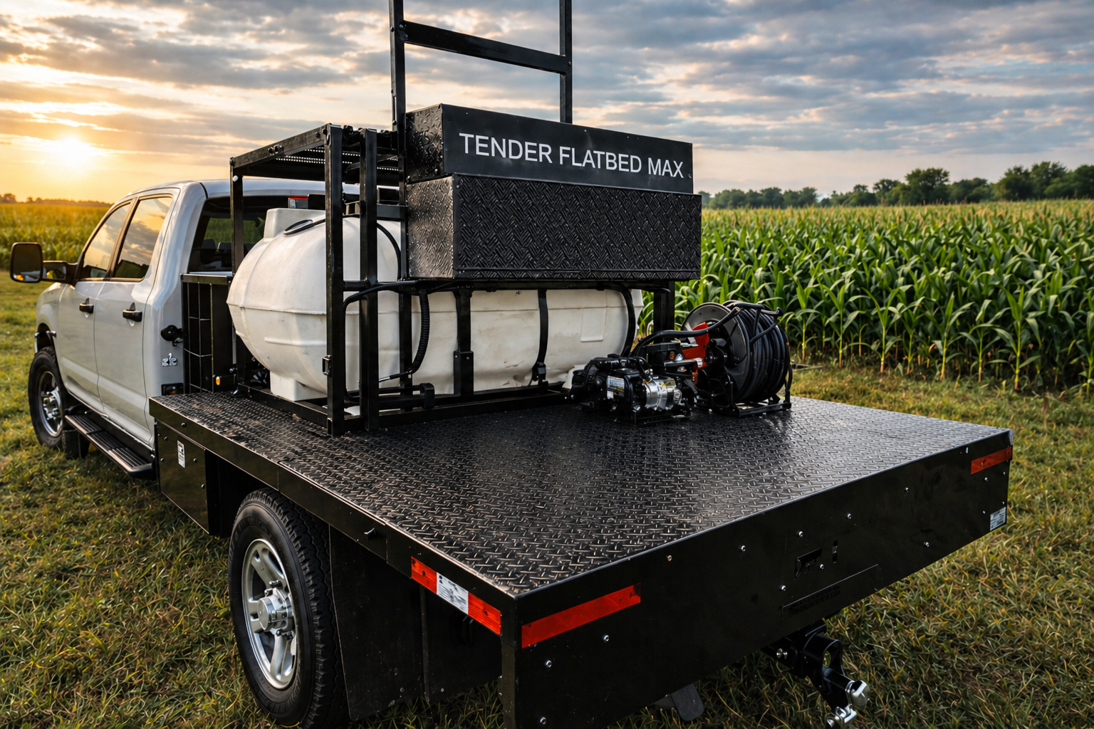 Flatbed Max truck-mounted tender rear angle view in corn field at sunset