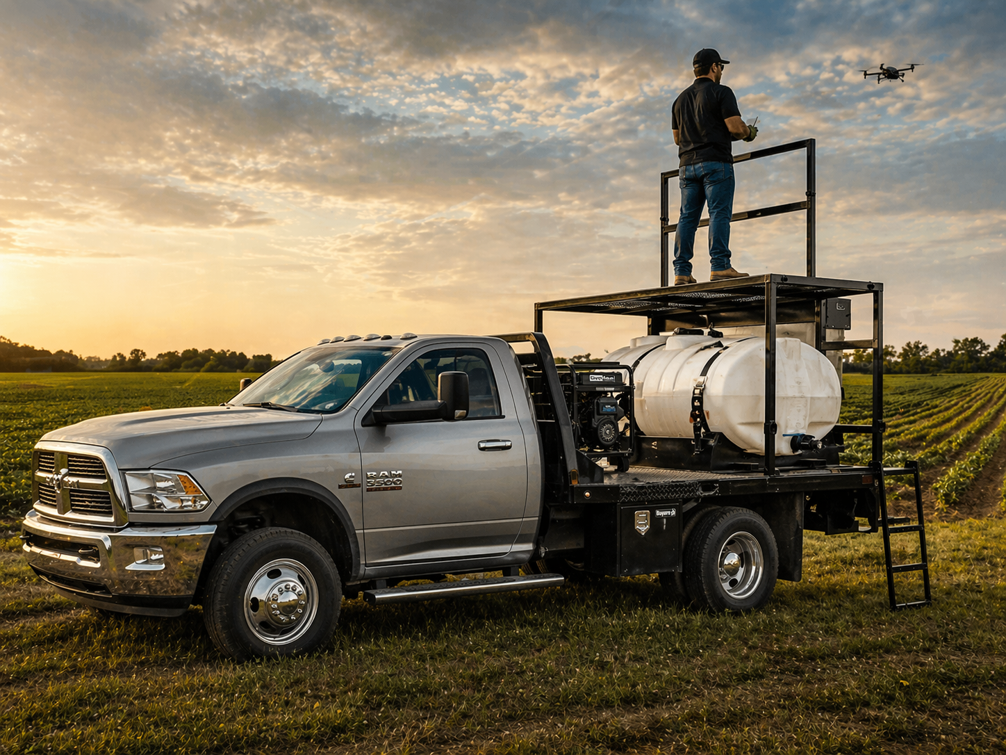 Flatbed Max truck-mounted tender with operator standing on platform in field at sunset