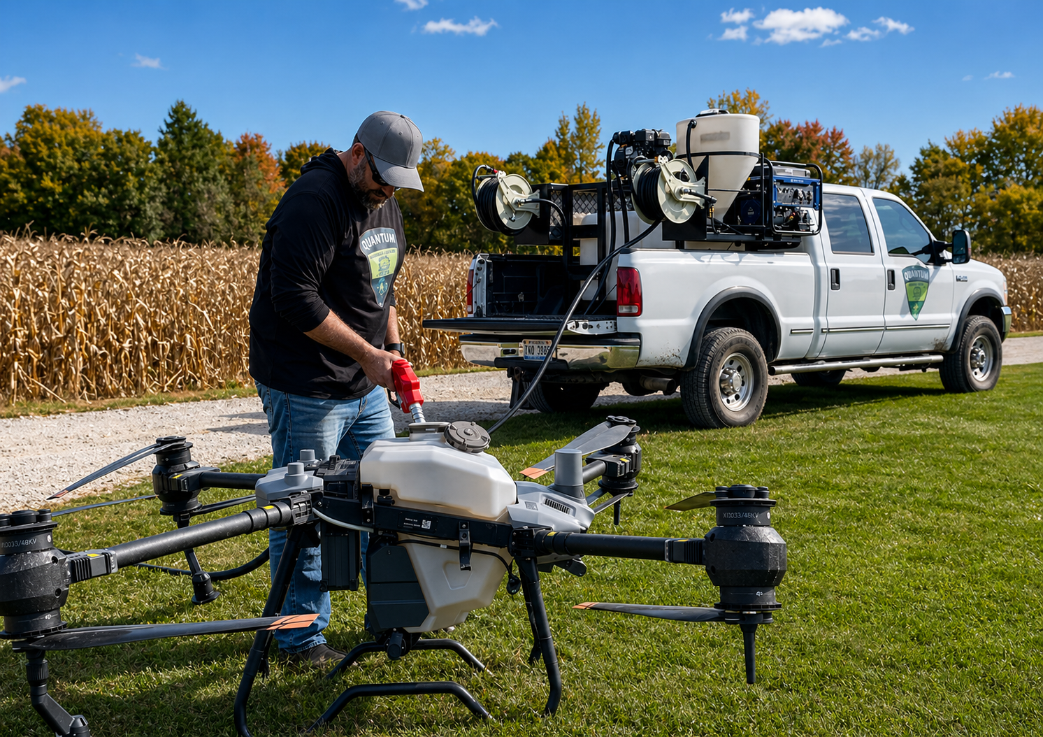 QDS Tiny Tender drone refill operation with operator filling spray drone in field