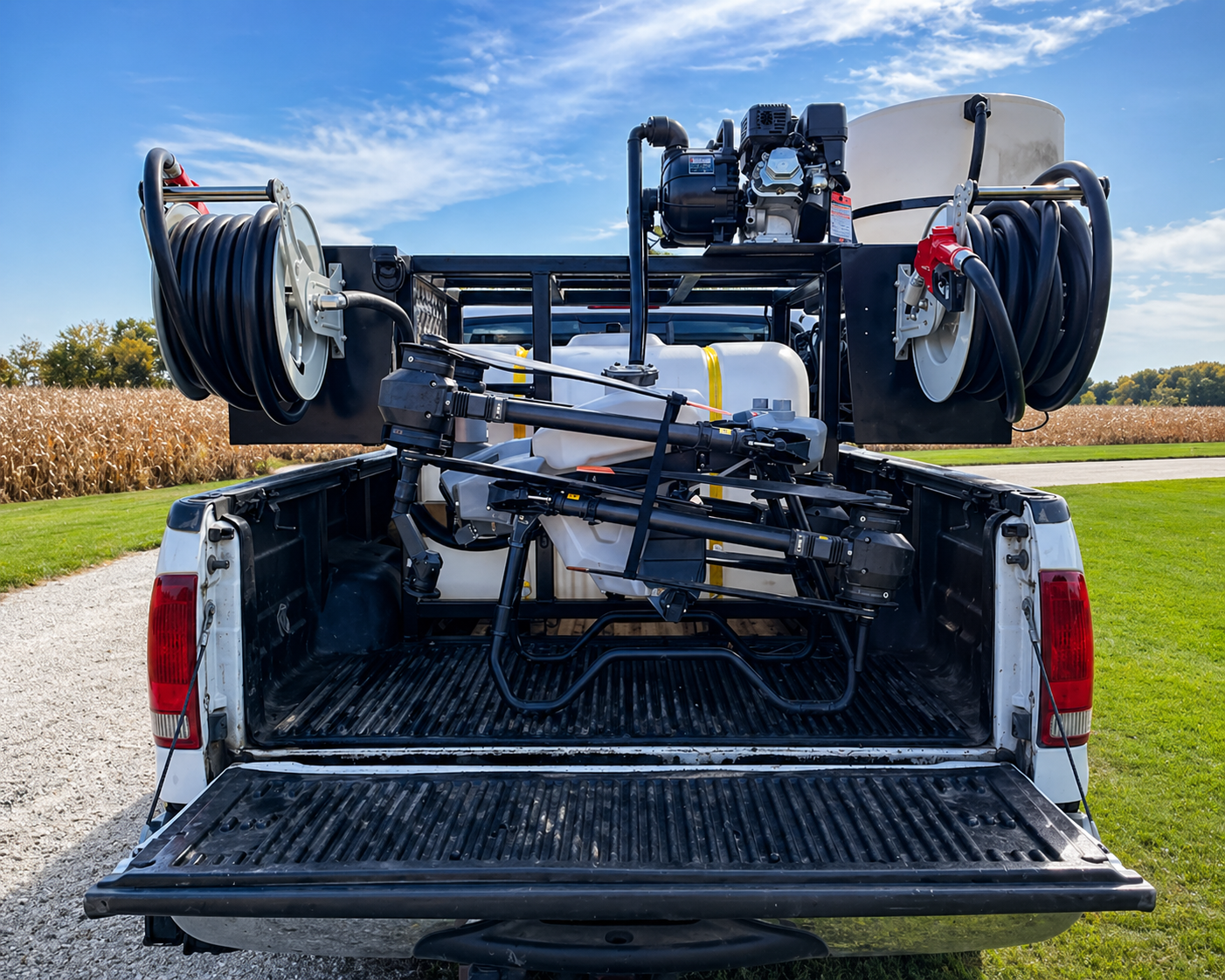 QDS Tiny Tender truck mounted spray system showing hose reels and pump layout in truck bed