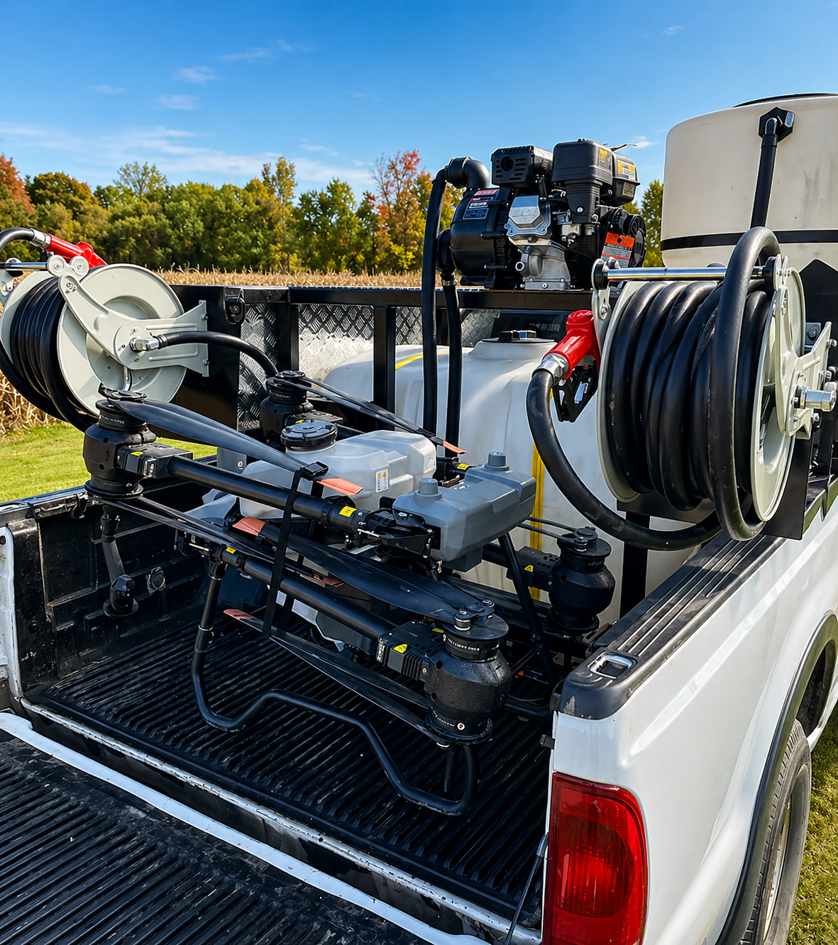 QDS Tiny Tender skid unit mounted in truck bed showing rear angle view of system