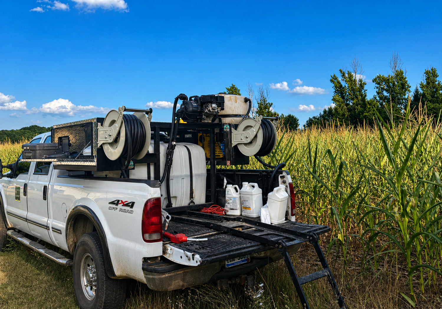 QDS Tiny Tender truck mounted spray system setup in field with pickup and equipment